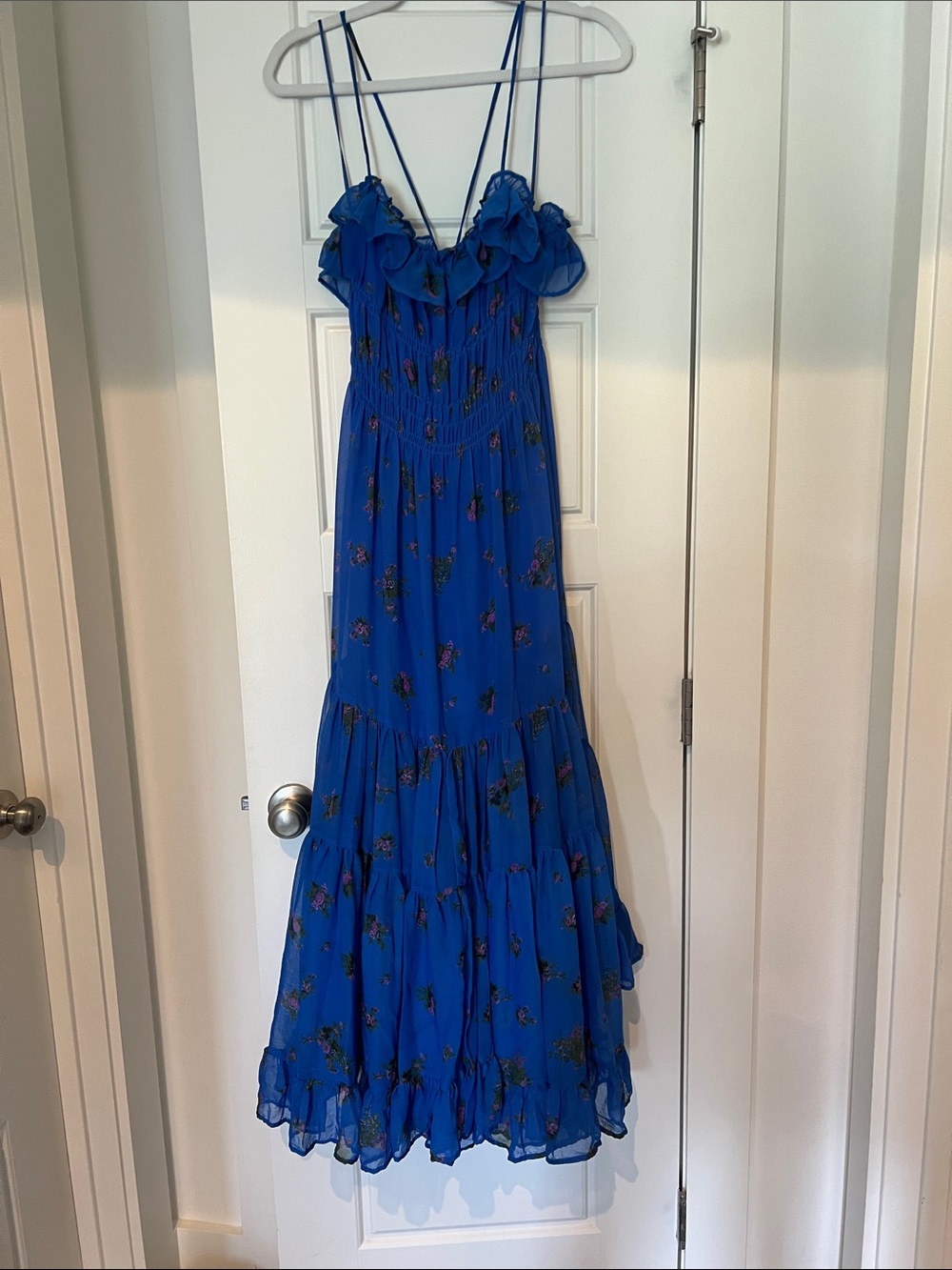 Free People cobalt blue maxi dress with ruffle tie straps